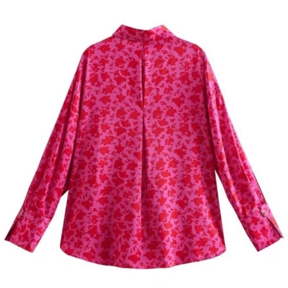 COPY - Zara fuchsia and red floral satin effect button up long sleeve blouse - … - Picture 2 of 7